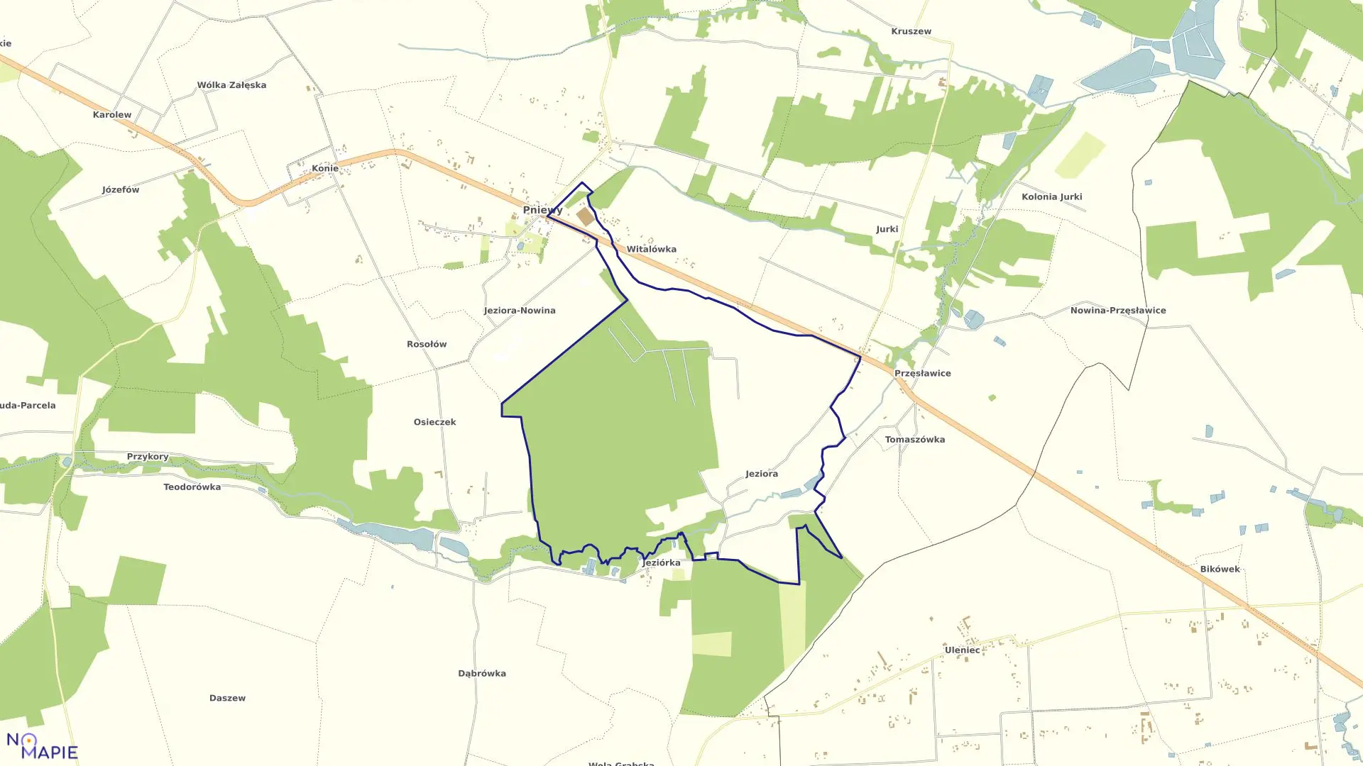 Mapa obrębu JEZIORA w gminie Pniewy
